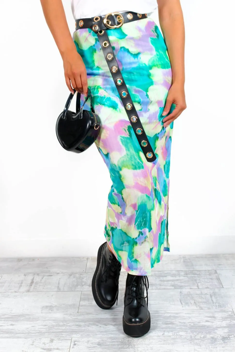 Admire Me - Green Lilac Printed Mesh Midi Skirt