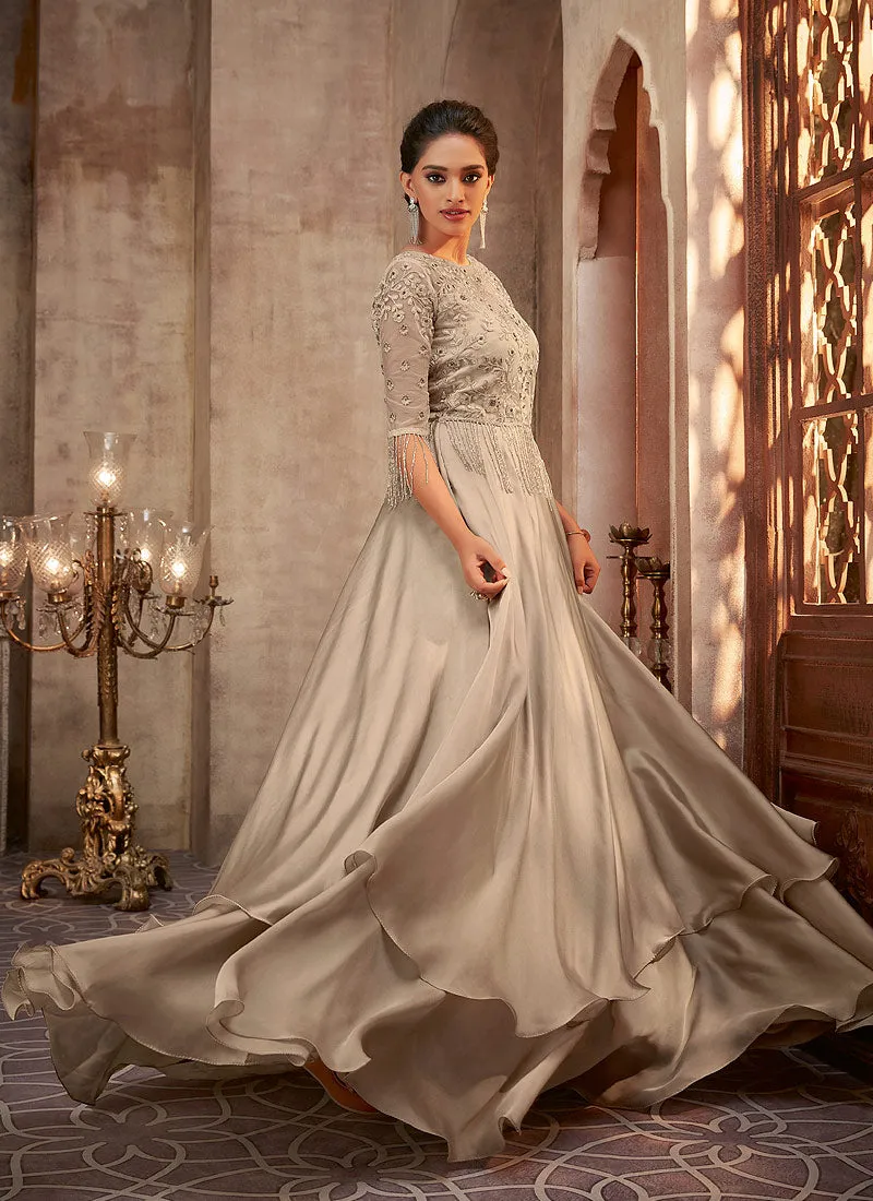 Beige Embroidered Party Wear Anarkali Gown