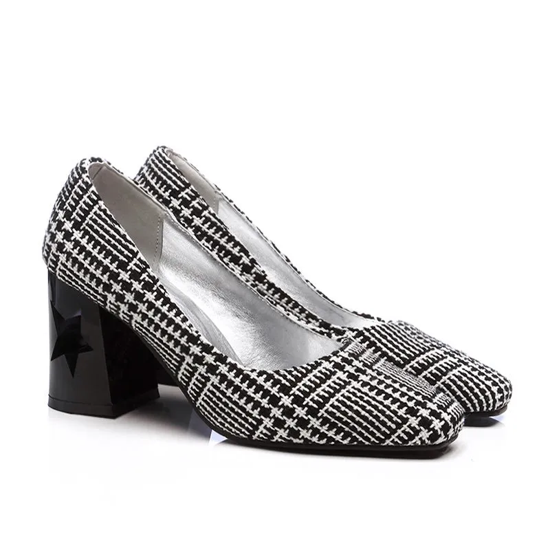 Bigsizeheels Contracted square head thick heel low help shoe - Lattice