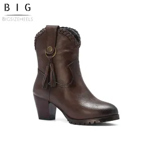 Bigsizeheels Vintage tassel round toe short boots - Dark brown