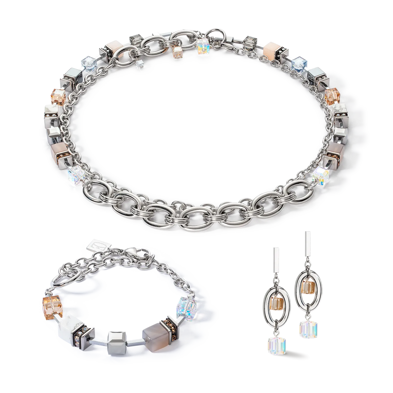 Bracelet GeoCUBE® Statement Precious Chunky Chain Multiwear grau-beige