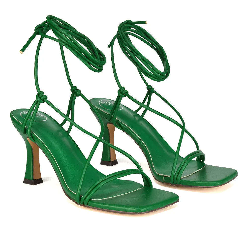 Callie Lace Up Square Toe Mid High Heel Sandals in Brown Synthetic Leather