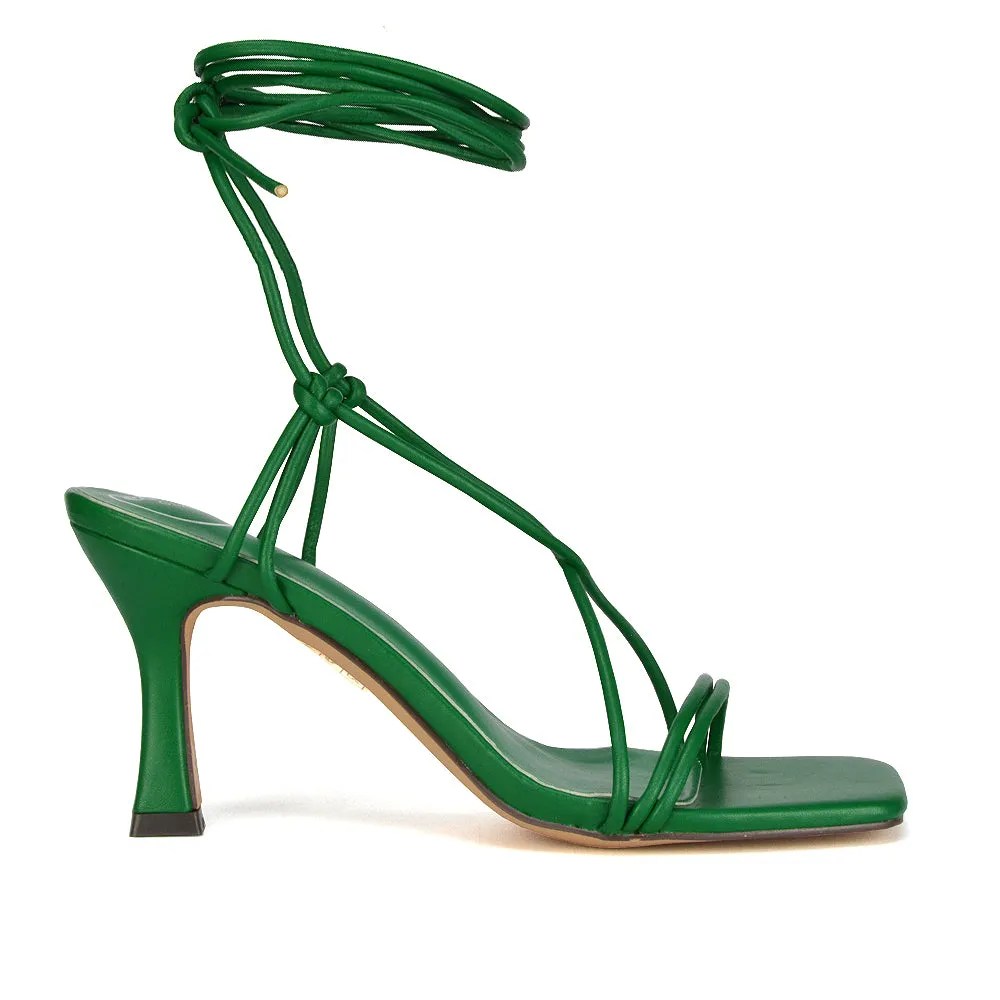 Callie Lace Up Square Toe Mid High Heel Sandals in Brown Synthetic Leather