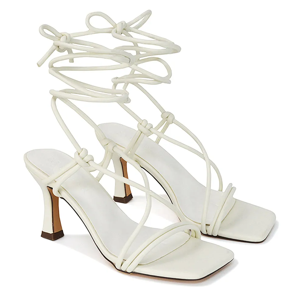 Callie Lace Up Square Toe Mid High Heel Sandals in Brown Synthetic Leather