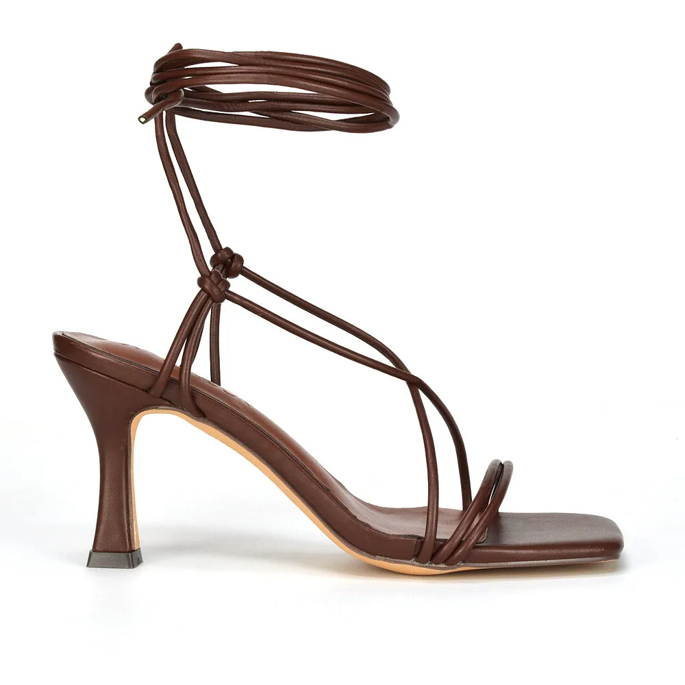 Callie Lace Up Square Toe Mid High Heel Sandals in Brown Synthetic Leather