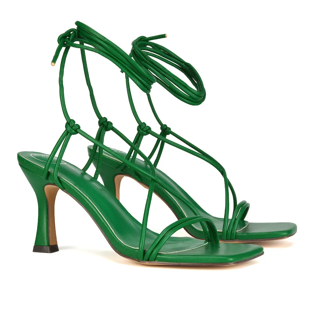 Callie Lace Up Square Toe Mid High Heel Sandals in Brown Synthetic Leather