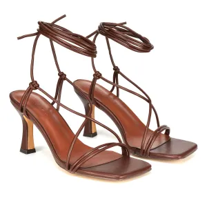 Callie Lace Up Square Toe Mid High Heel Sandals in Brown Synthetic Leather