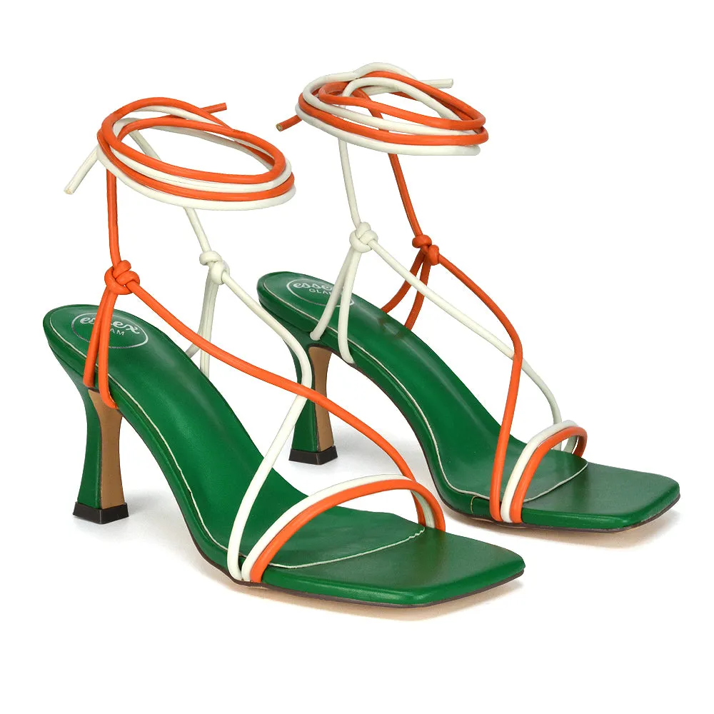 Callie Lace Up Square Toe Mid High Heel Sandals in Brown Synthetic Leather