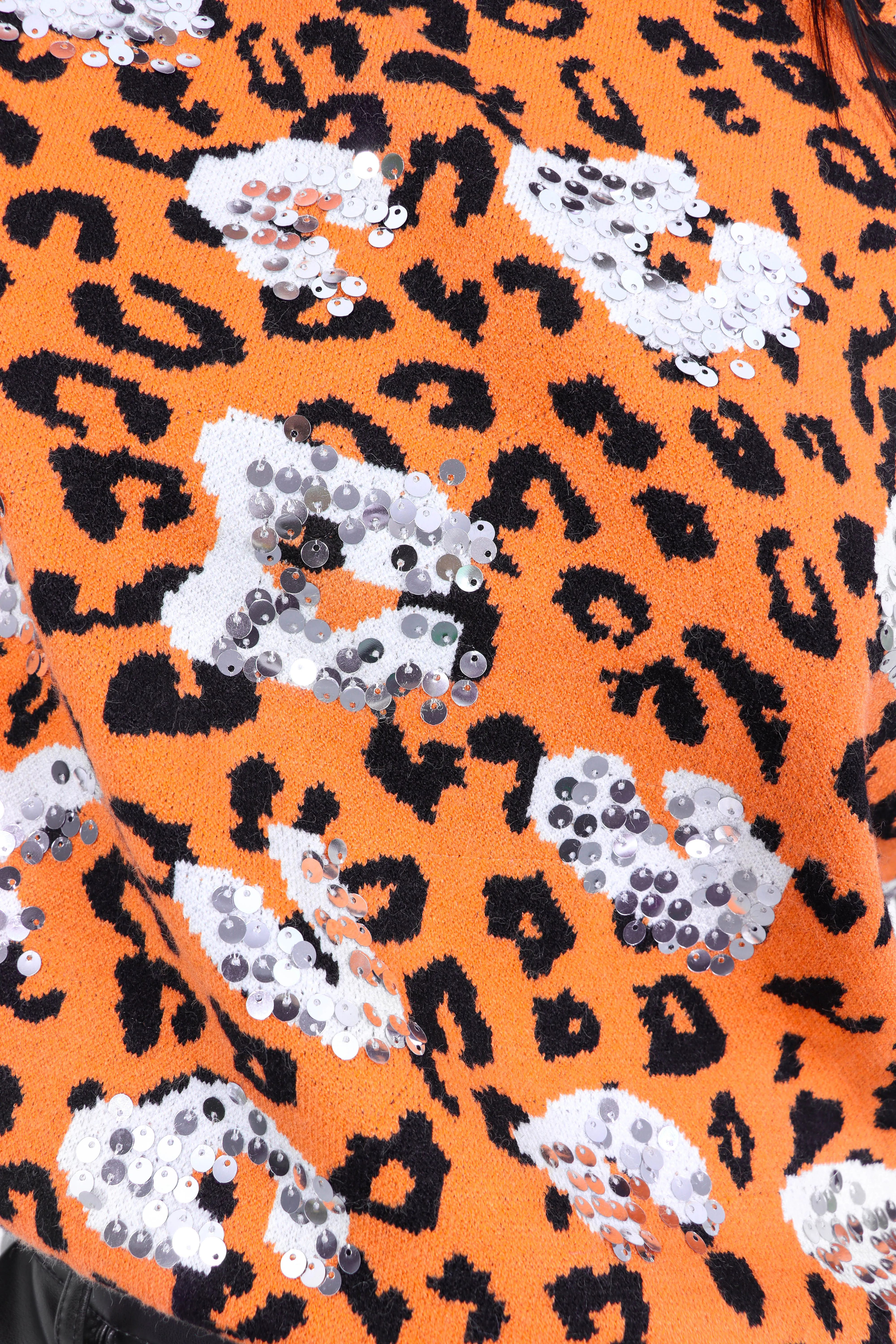 Feline Sparkly - Orange Sequin Leopard Print Knitted Jumper