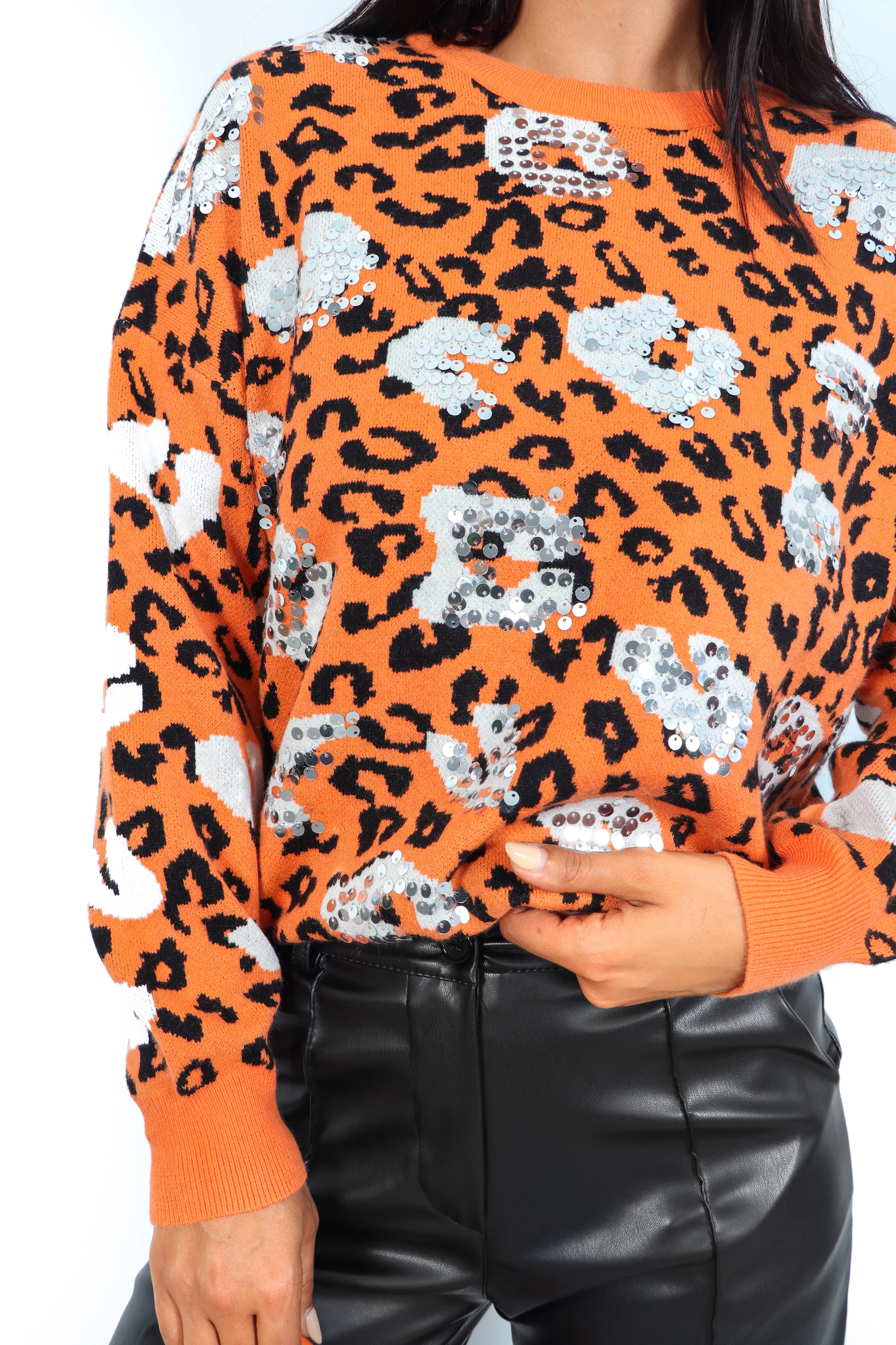 Feline Sparkly - Orange Sequin Leopard Print Knitted Jumper