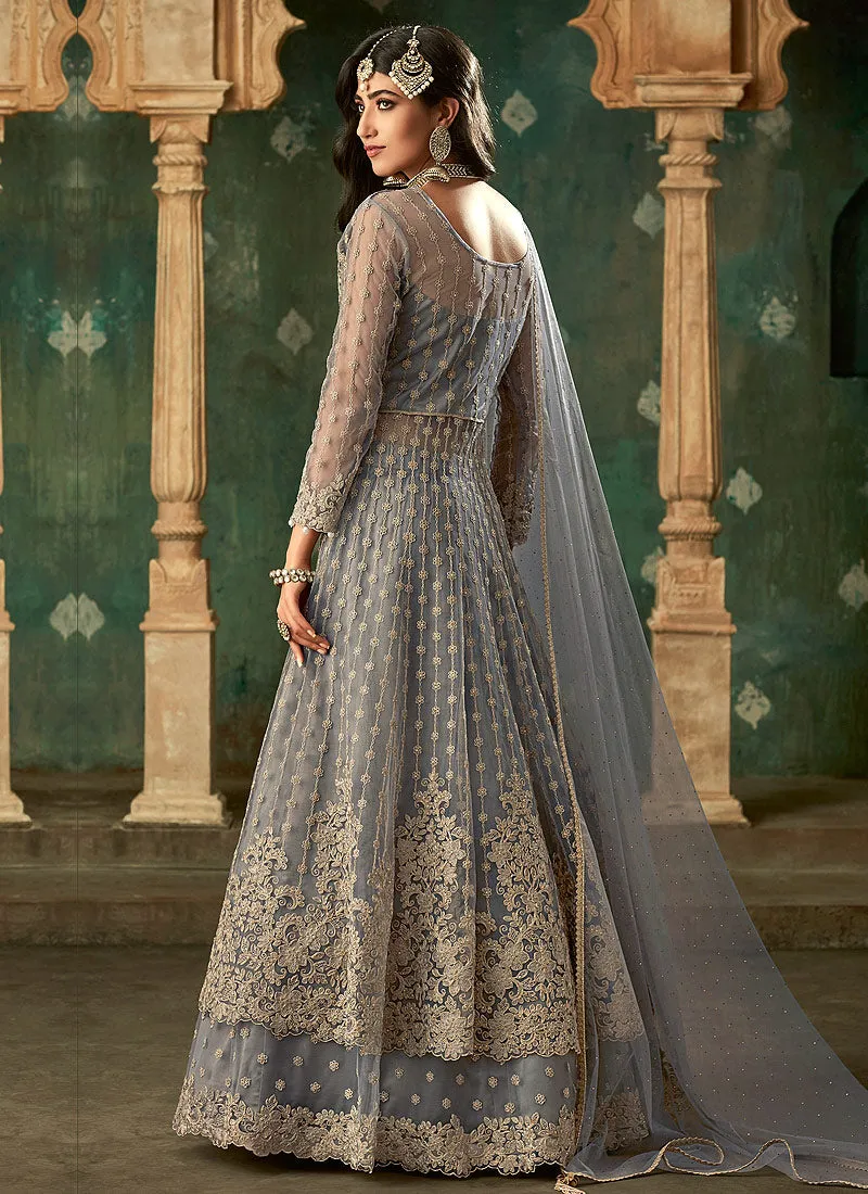 Grey Designer Wedding Lehenga Style Anarkali Suit