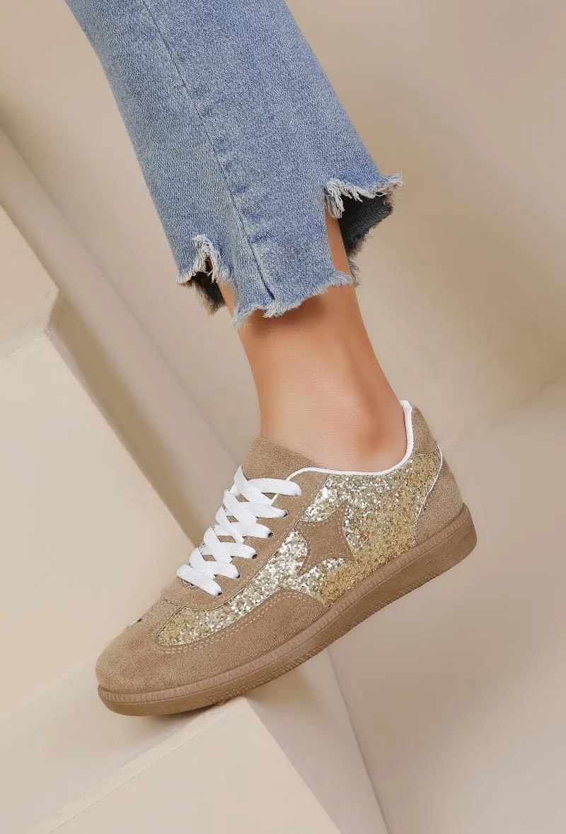 GUM COLORED SOLE WITH STAR GLITTERS AESTHETIC TRAINERS IN KHAKI
