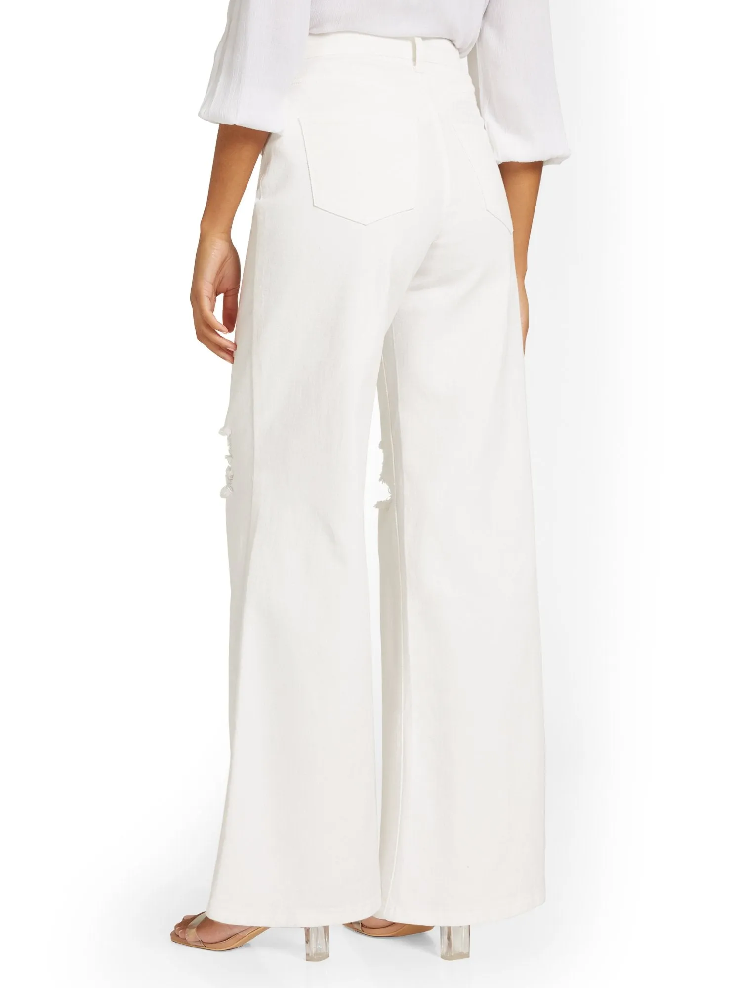 High-Waisted Distressed Wide-Leg Jeans - White
