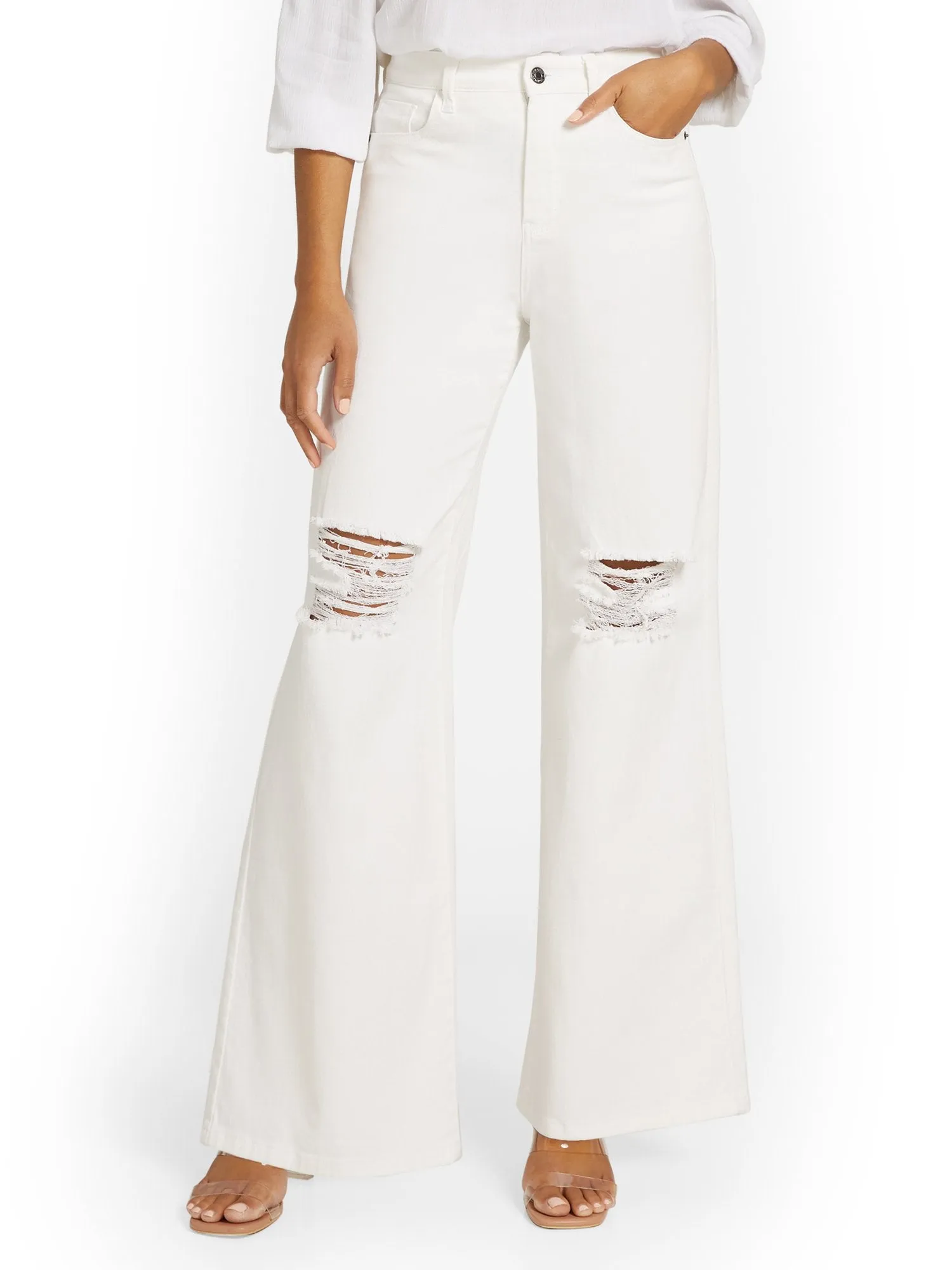 High-Waisted Distressed Wide-Leg Jeans - White