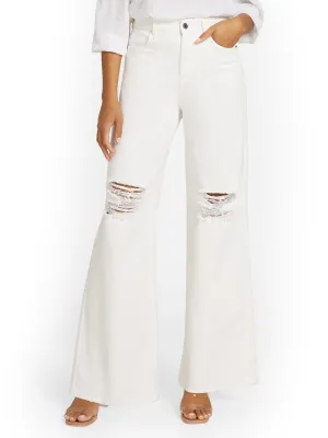 High-Waisted Distressed Wide-Leg Jeans - White