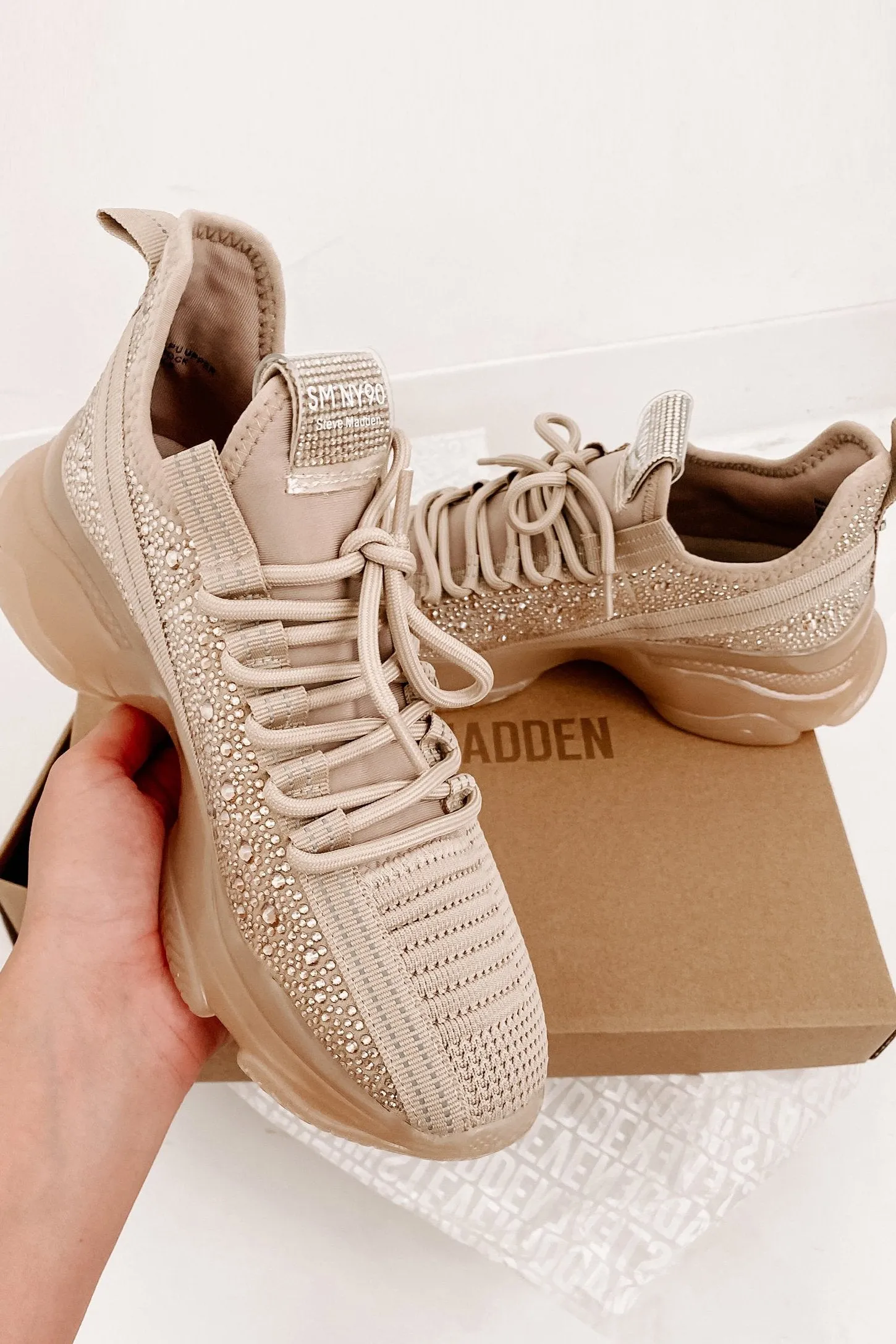 IMPERFECT Raise The Bar Steve Madden Chunky Rhinestone Chunky Sneakers (Blush Multi)
