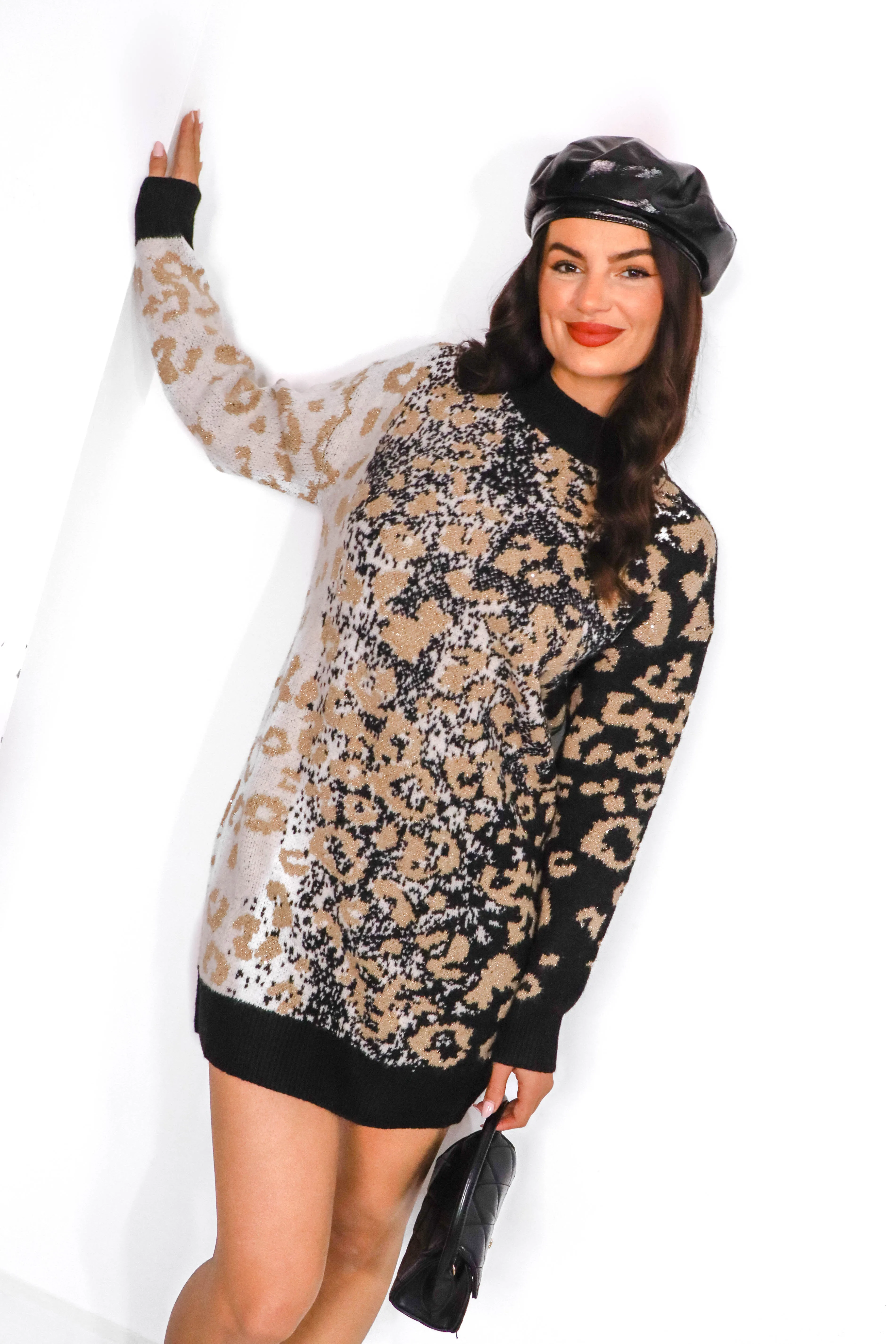 Knit A Chance - Black Cream Ombre Leopard Print Knitted Jumper Dress