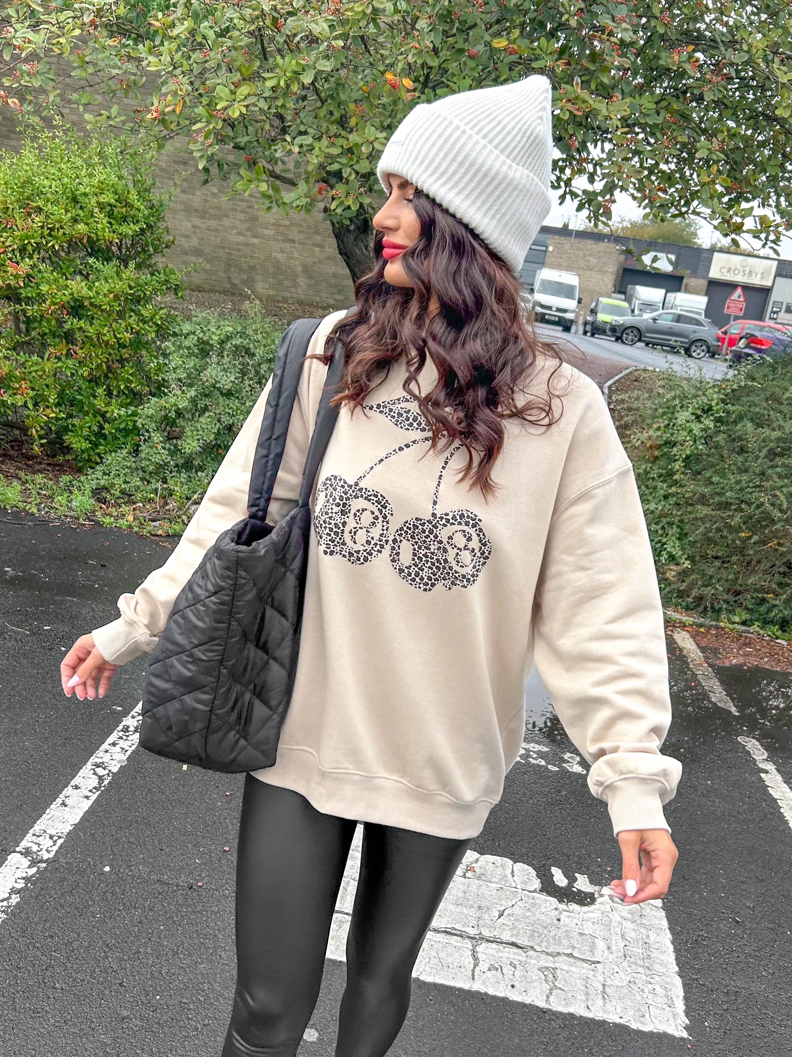 Lucky Cherry - Leopard Print Cherry Graphic Beige Sweatshirt
