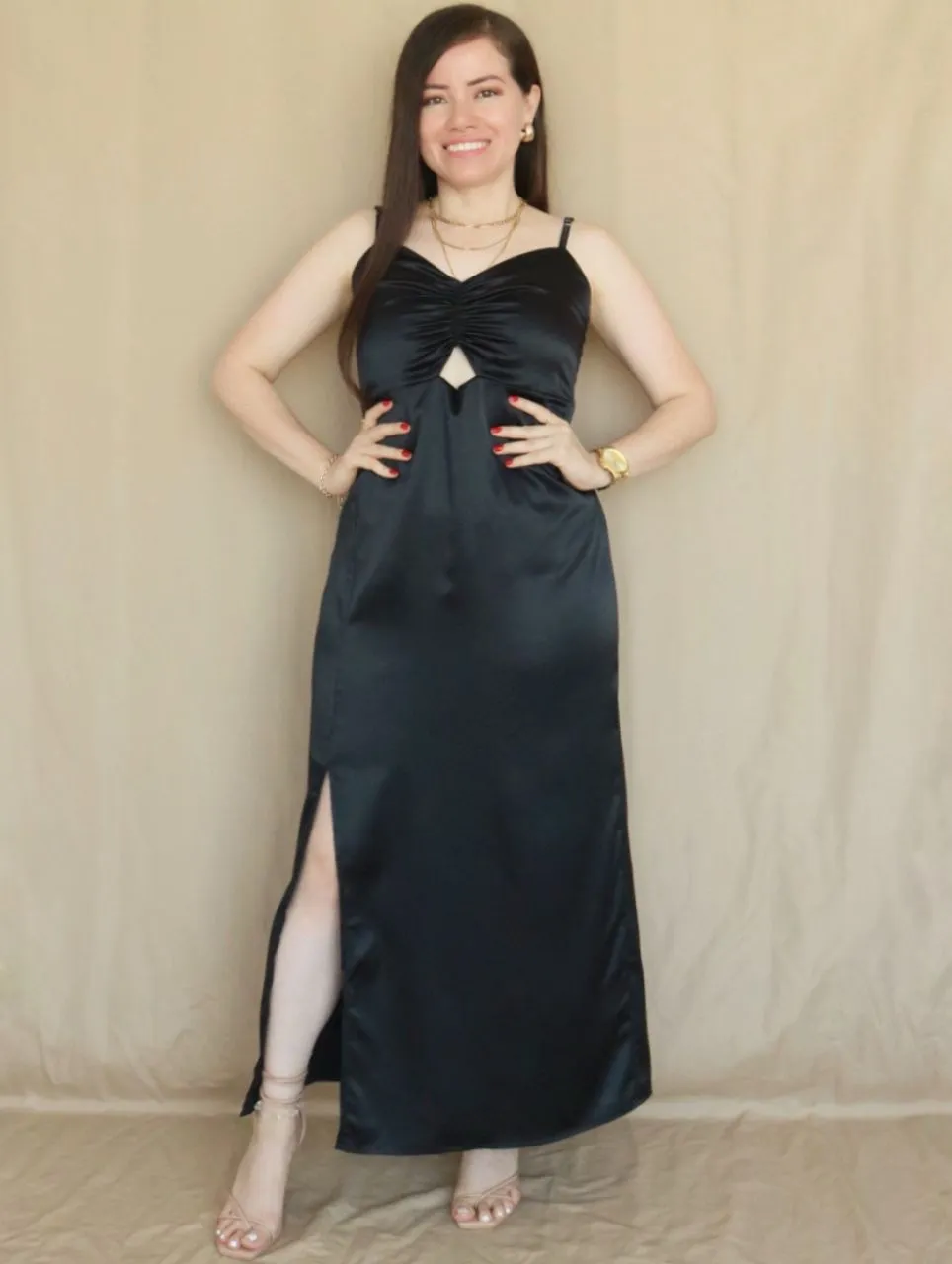 MAXIVESTIDO TIRAS CON PRESILLAS NEGRO ENTERO