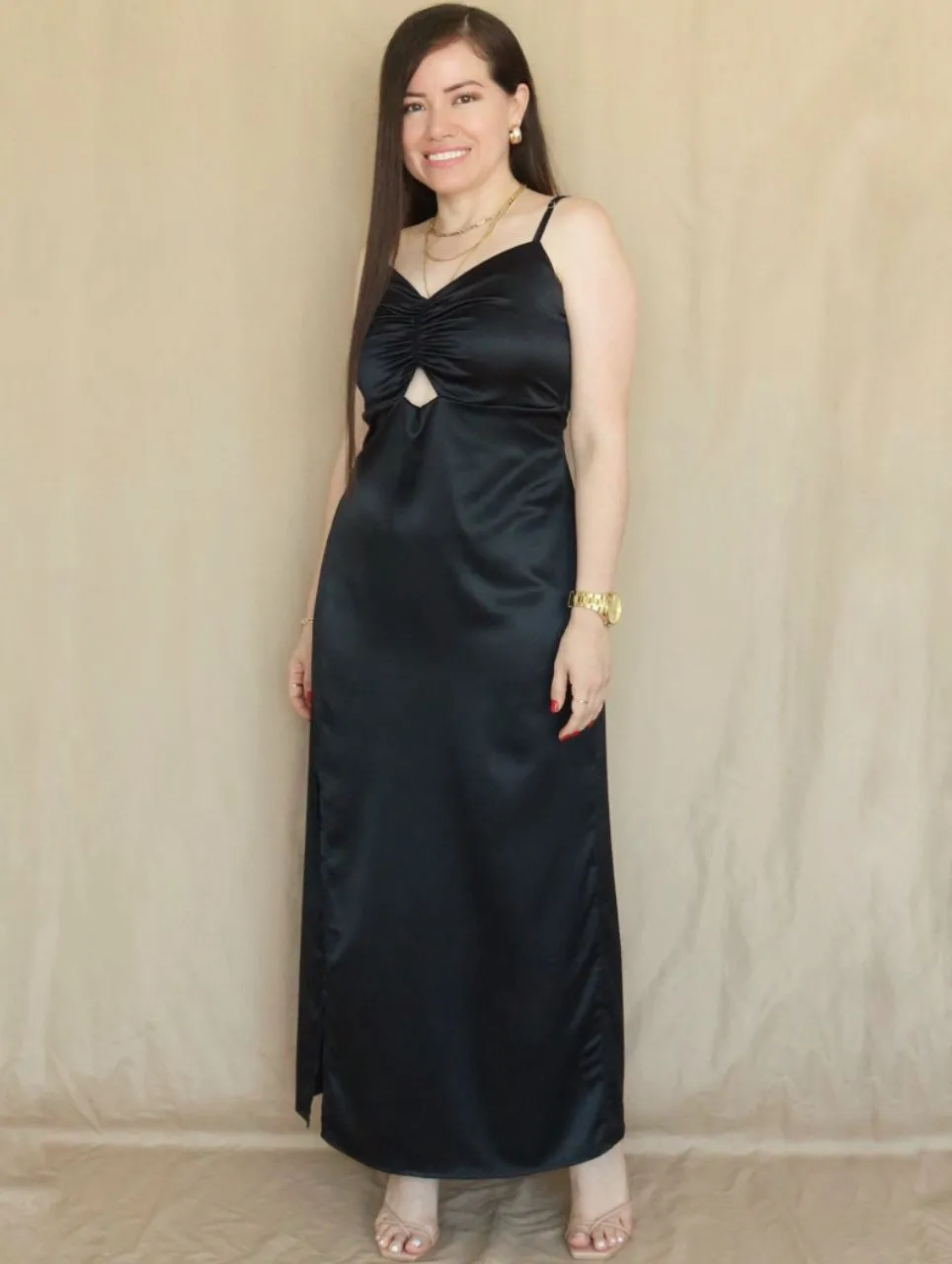 MAXIVESTIDO TIRAS CON PRESILLAS NEGRO ENTERO