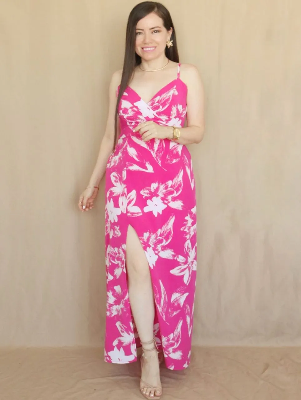 MAXIVESTIDO TIRAS CON PRETINA ESTAMPADO FUCSIA