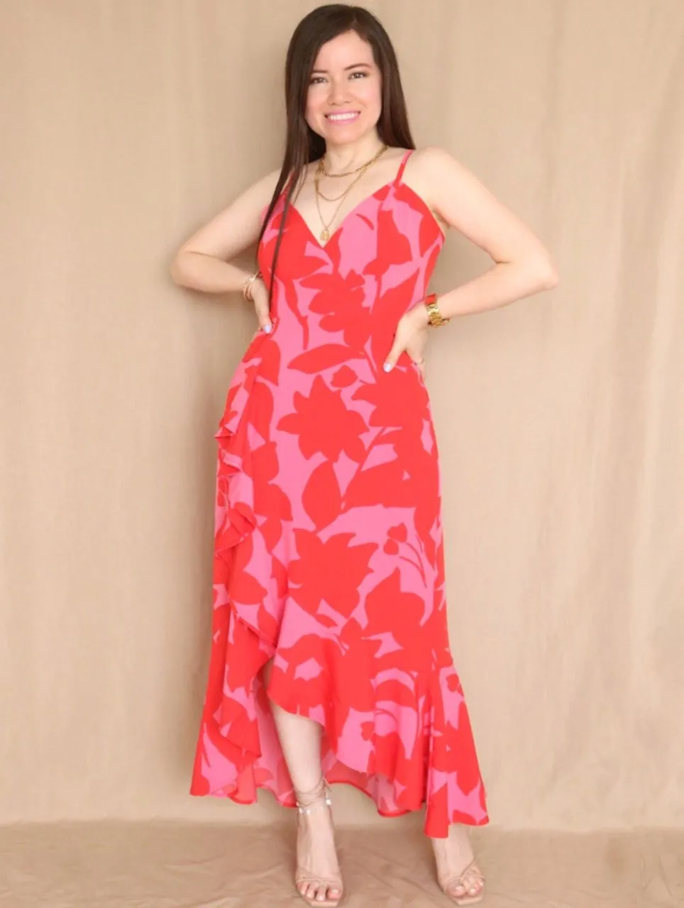 MAXIVESTIDO TIRAS CON VUELO ESPIRAL ESTAMPADO ROJO