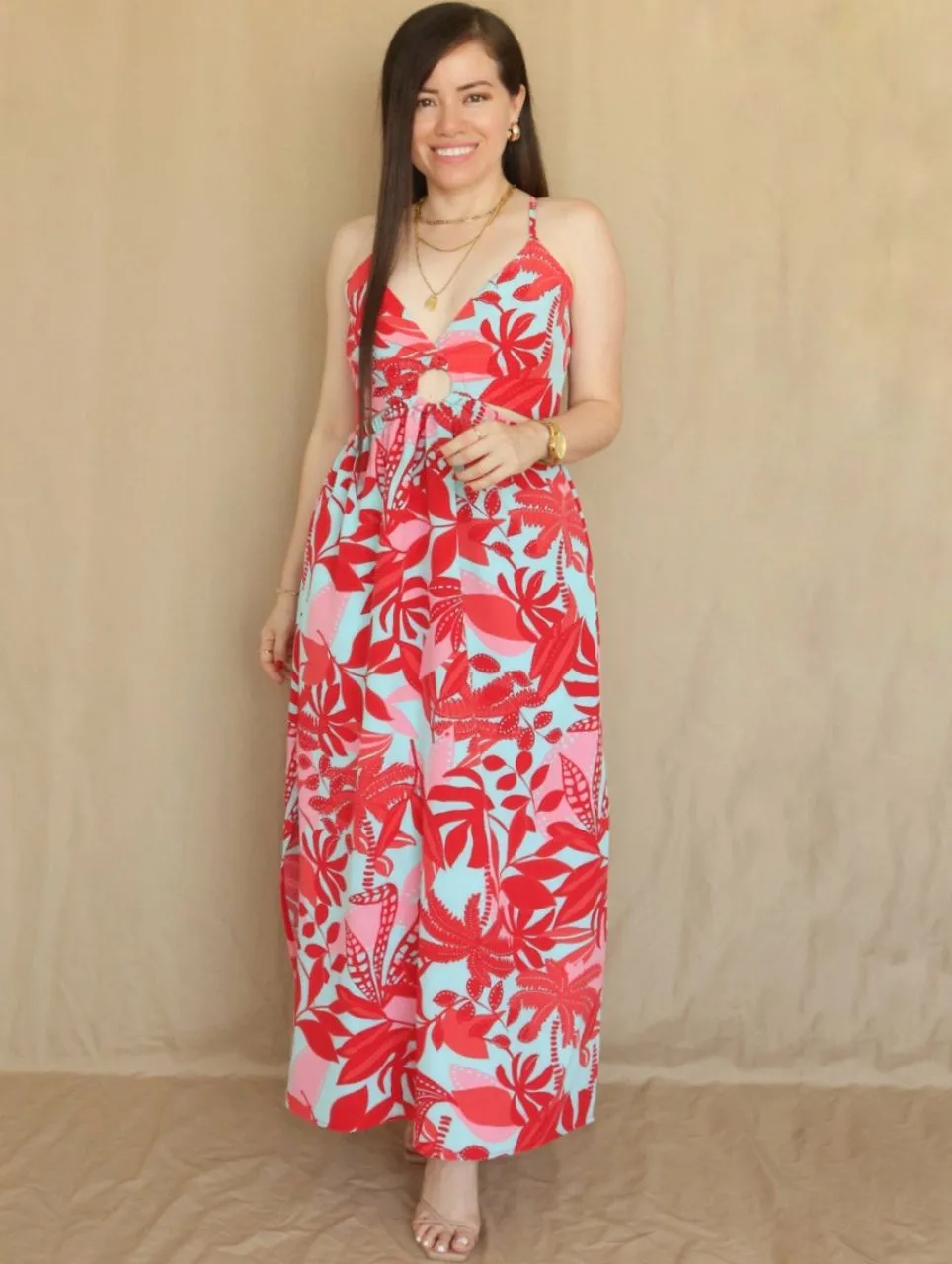 MAXIVESTIDO TIRAS HEBILLA FORRADA ESTAMPADO AGUAMARINA