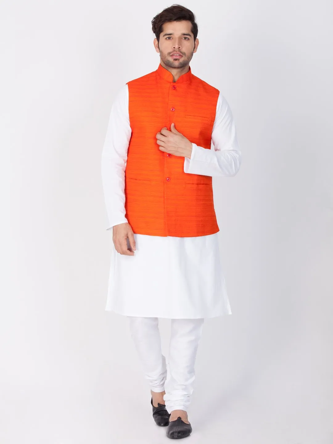 Men's Orange Cotton Blend Ethnic Jacket - Vastramay