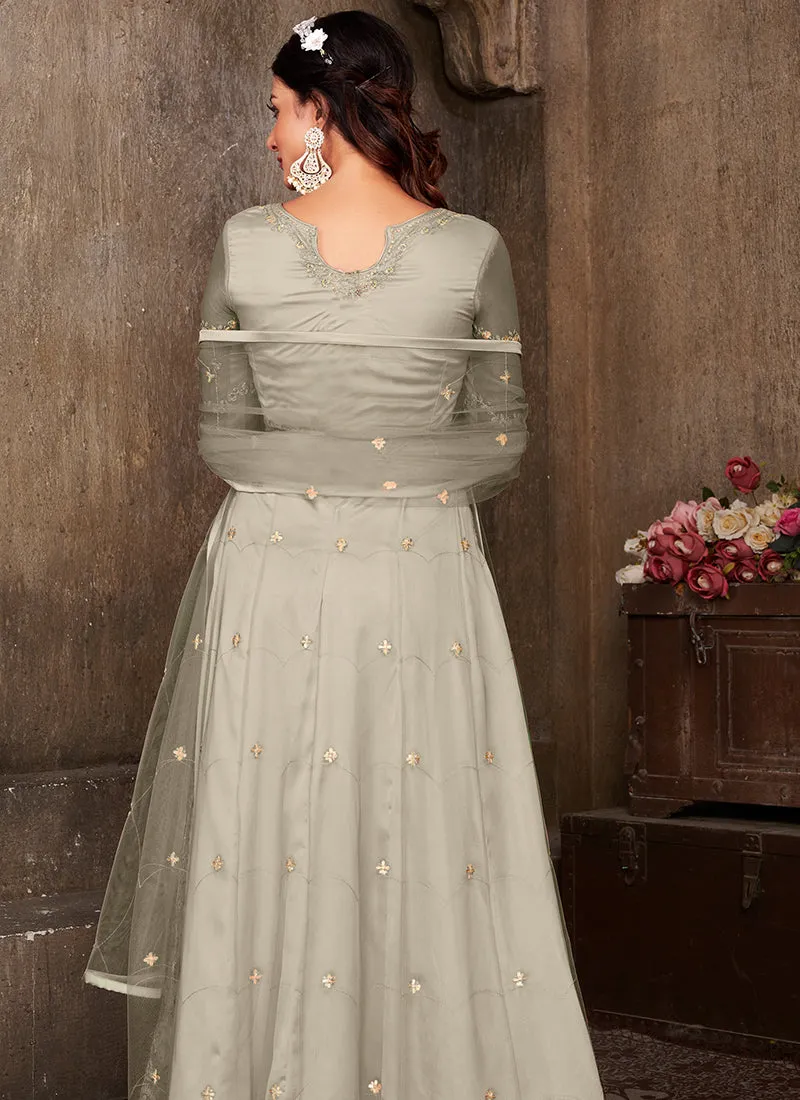 Pale Grey Thread Embroidery Net Anarkali Suit