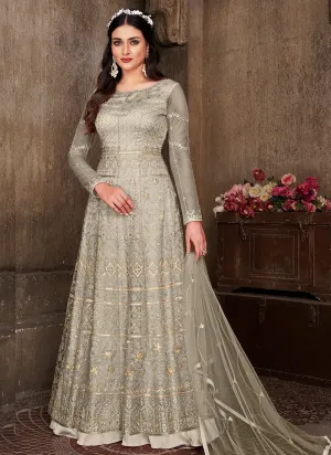 Pale Grey Thread Embroidery Net Anarkali Suit