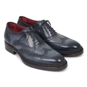 Paul Parkman Handmade Designer Shoes Men's Triple Leather Sole Wingtip Oxfords Brogues Blue (PM5302)