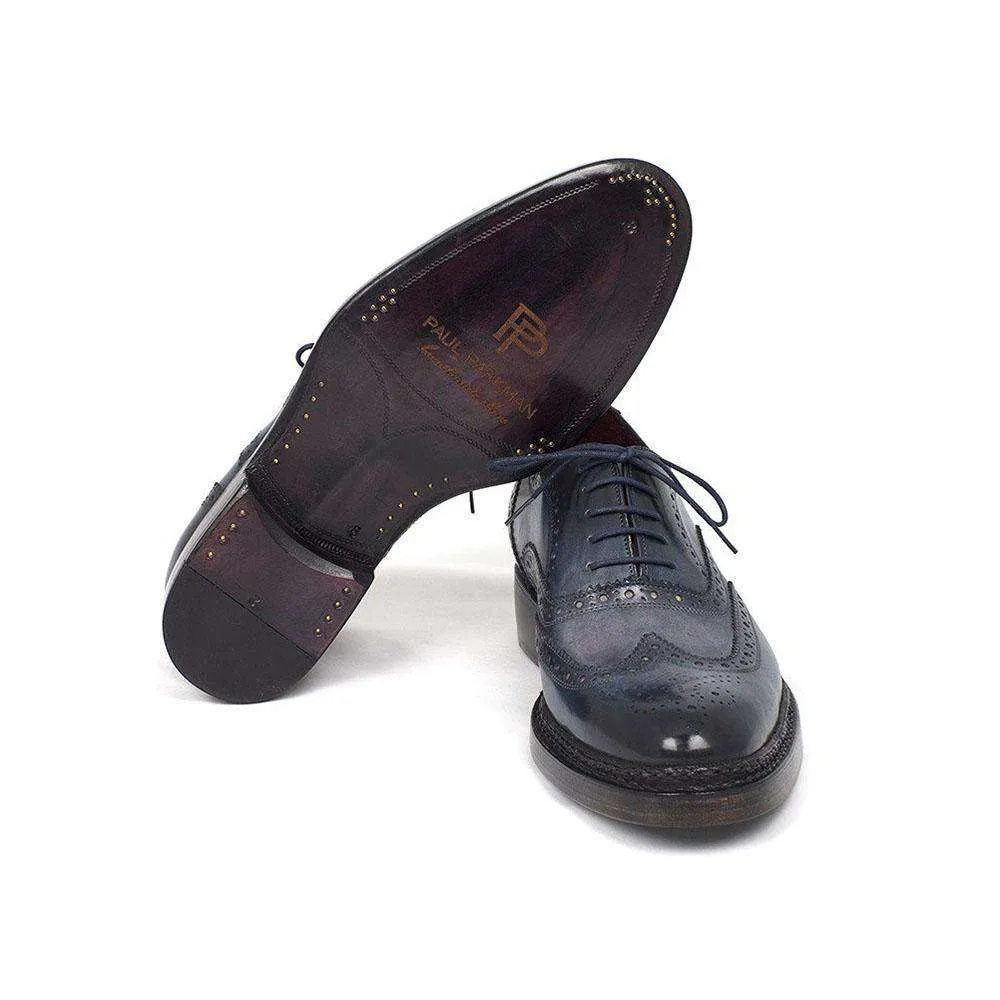 Paul Parkman Handmade Designer Shoes Men's Triple Leather Sole Wingtip Oxfords Brogues Blue (PM5302)