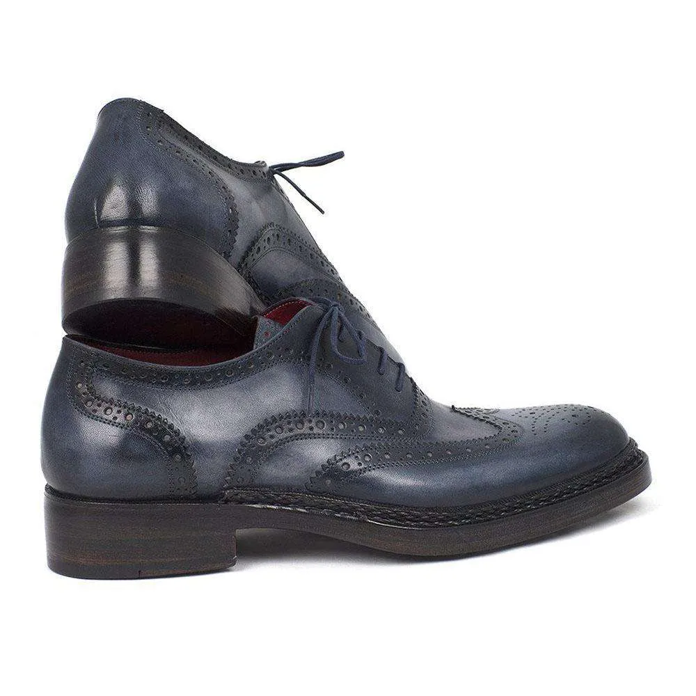 Paul Parkman Handmade Designer Shoes Men's Triple Leather Sole Wingtip Oxfords Brogues Blue (PM5302)