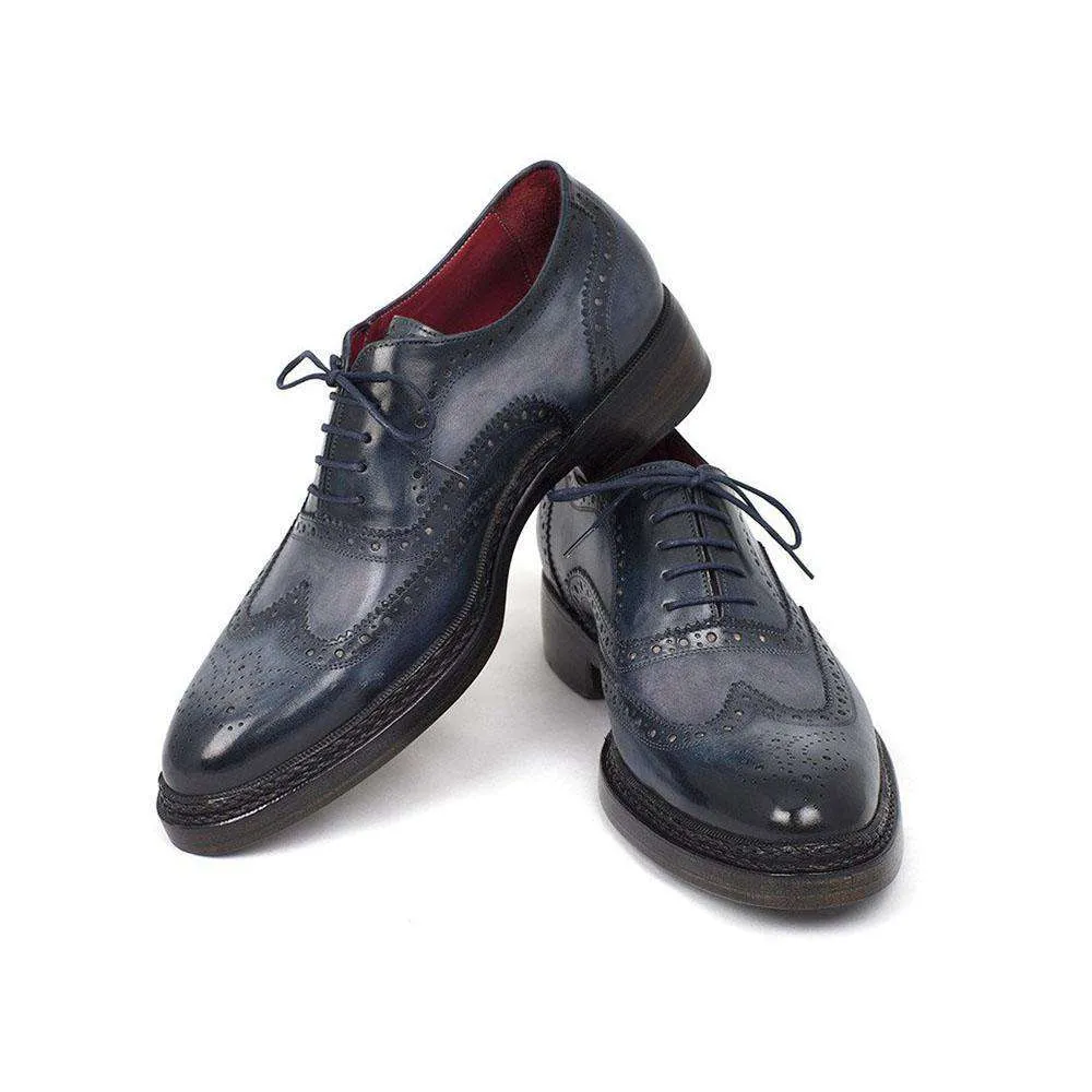 Paul Parkman Handmade Designer Shoes Men's Triple Leather Sole Wingtip Oxfords Brogues Blue (PM5302)