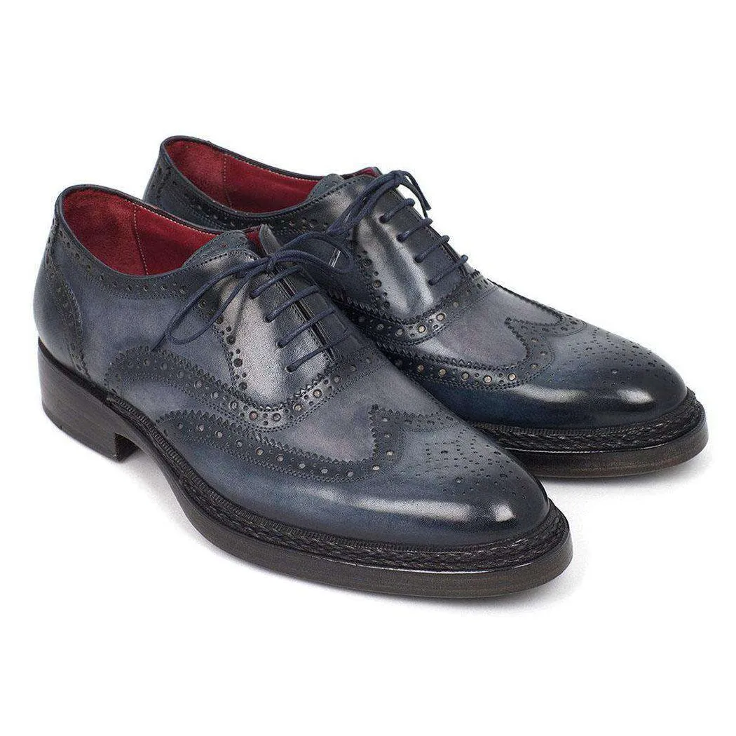 Paul Parkman Handmade Designer Shoes Men's Triple Leather Sole Wingtip Oxfords Brogues Blue (PM5302)