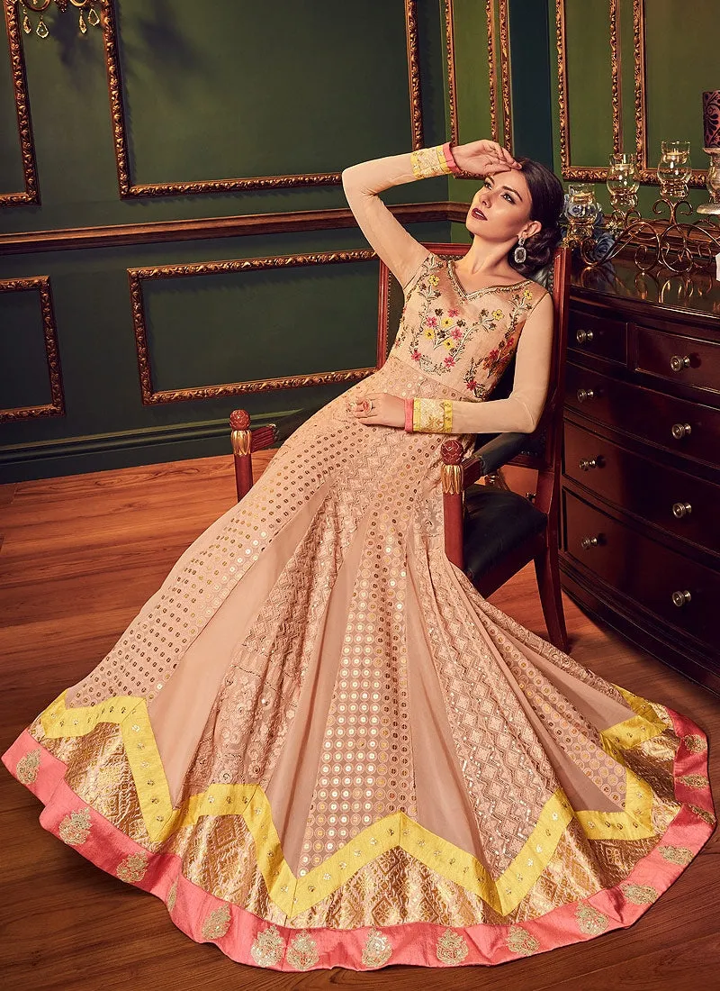 Peach Multi Embroidered Flared Designer Anarkali Suit
