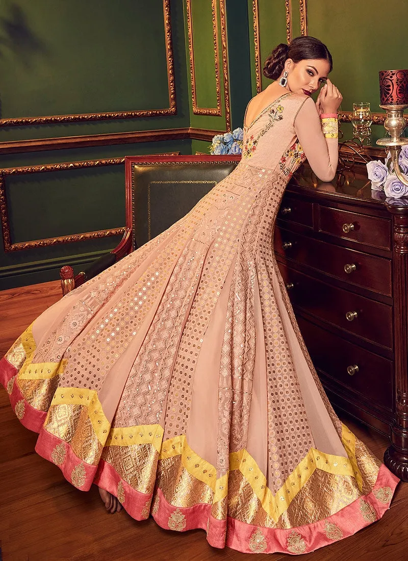 Peach Multi Embroidered Flared Designer Anarkali Suit