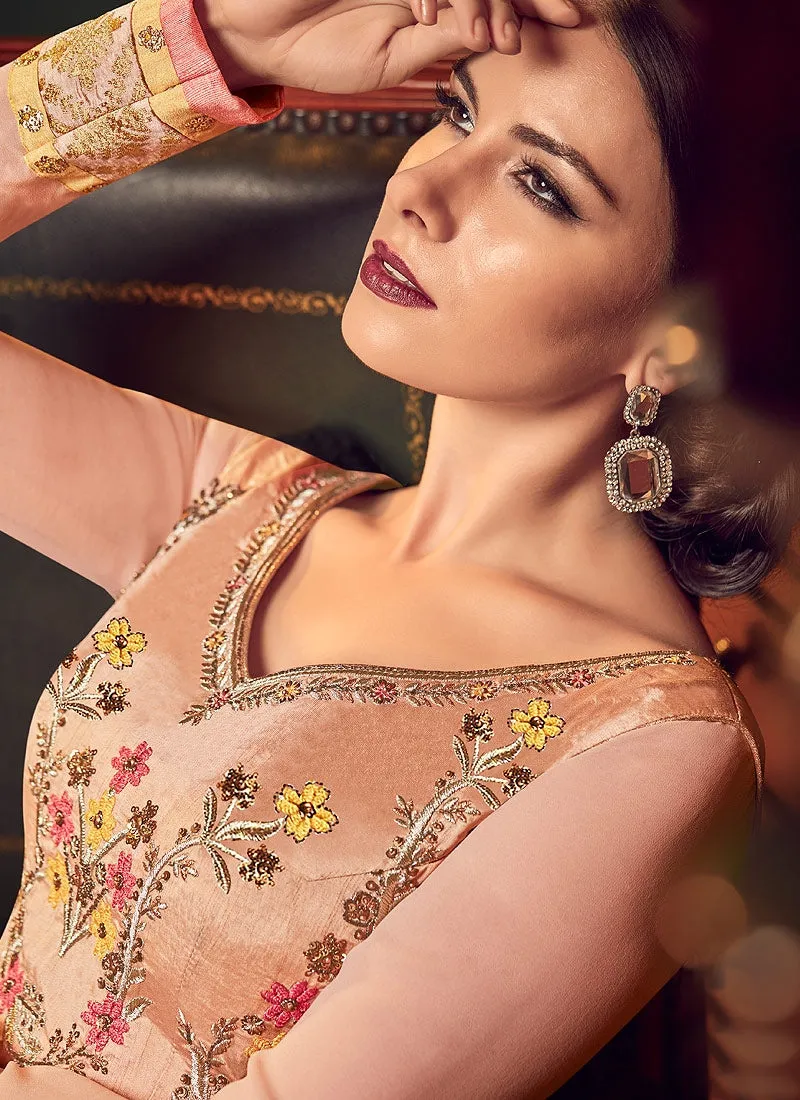 Peach Multi Embroidered Flared Designer Anarkali Suit