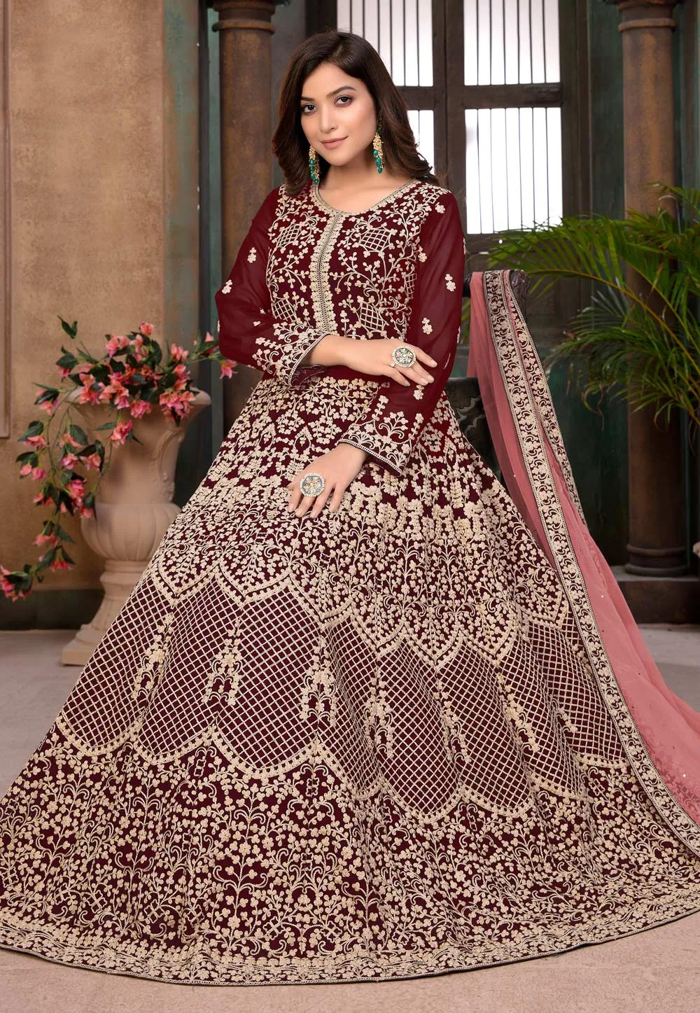 Red Ethnic Embroidered Wedding Anarkali Suit