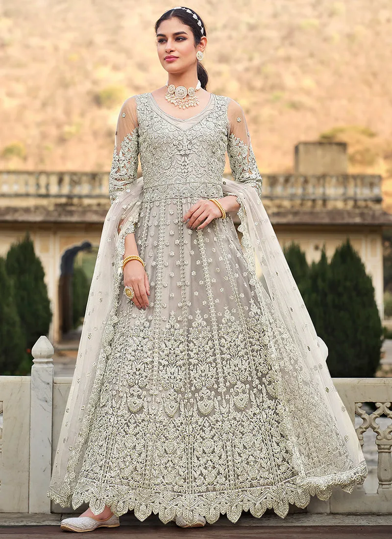 Silver Grey Embroidery Wedding Anarkali Suit