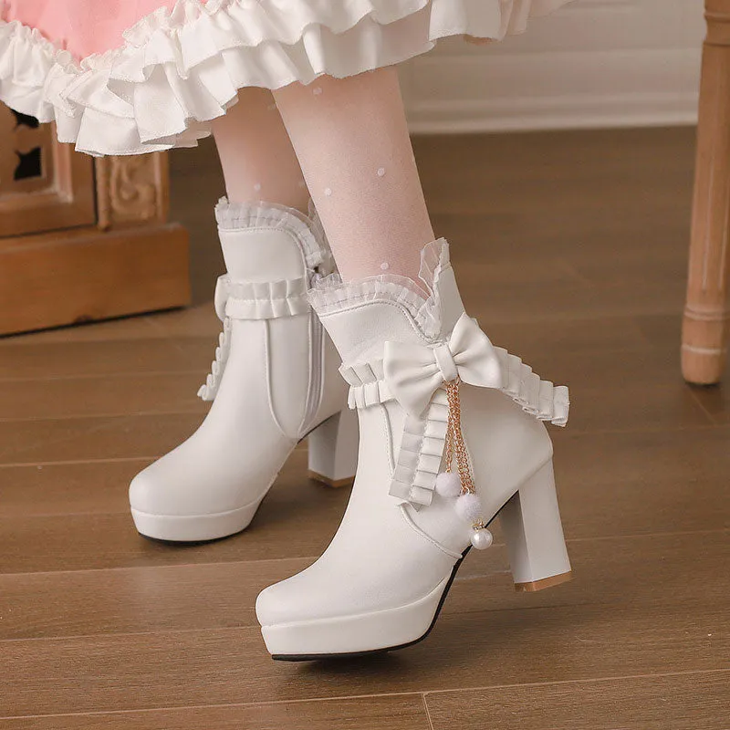 Uniwim Lace Bow Heels Chunky Shoes SE22924