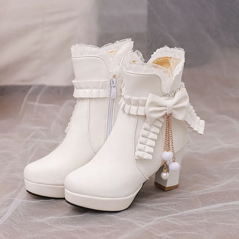 Uniwim Lace Bow Heels Chunky Shoes SE22924