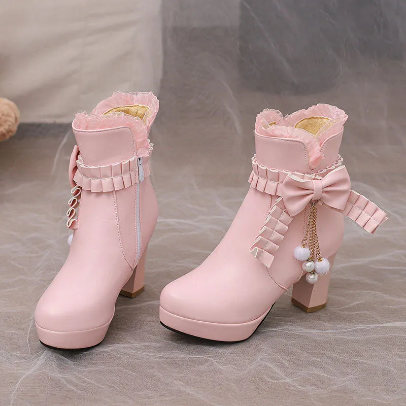 Uniwim Lace Bow Heels Chunky Shoes SE22924