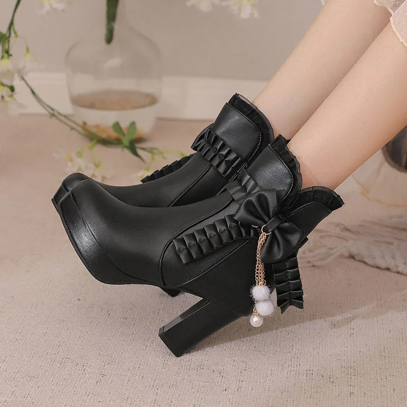 Uniwim Lace Bow Heels Chunky Shoes SE22924