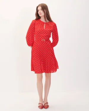 Vestido Rojo Escarlata Plisado De Lunares Con Cinturón