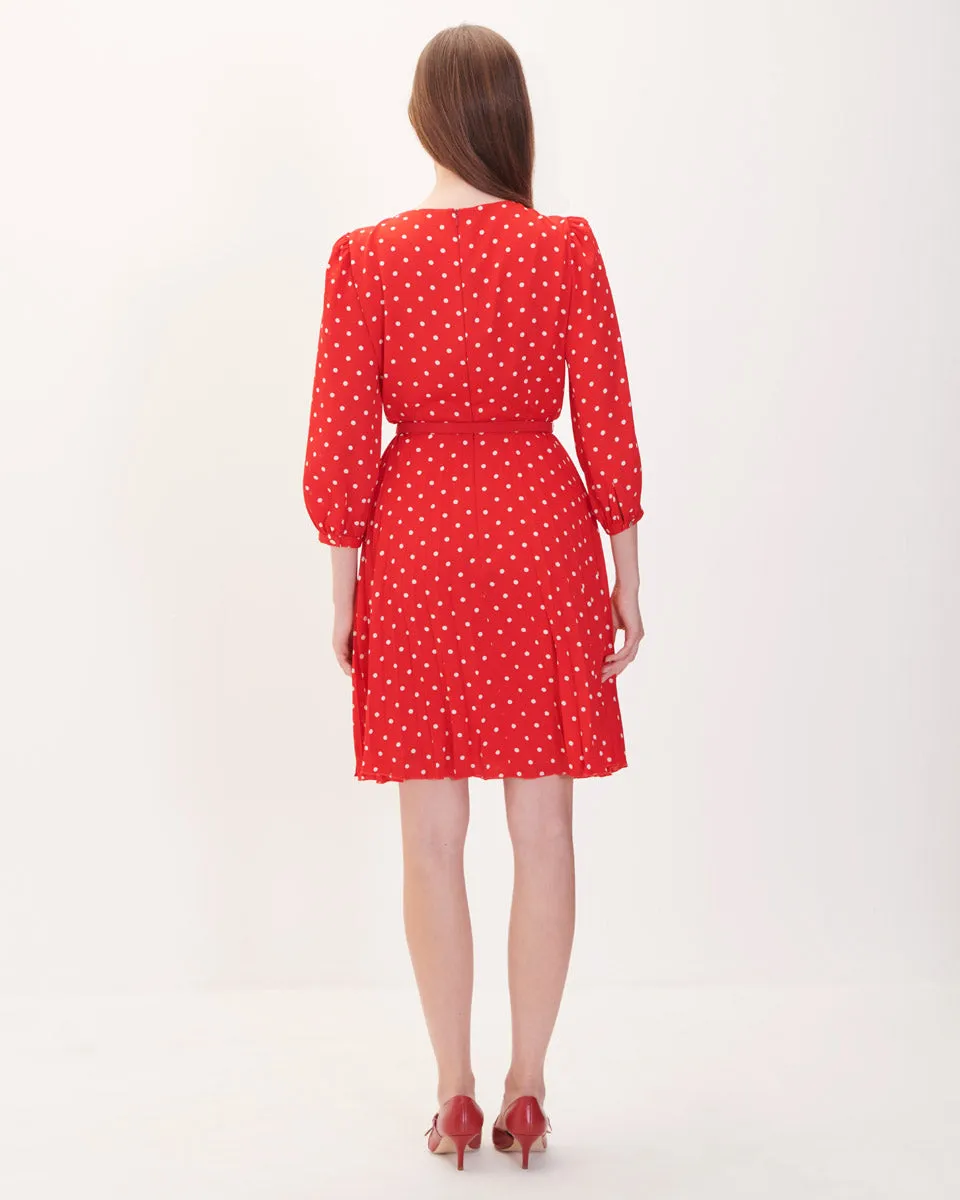 Vestido Rojo Escarlata Plisado De Lunares Con Cinturón