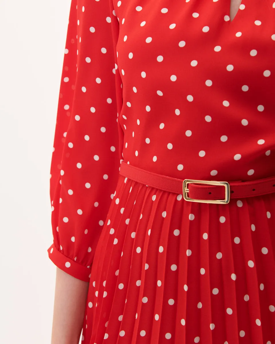 Vestido Rojo Escarlata Plisado De Lunares Con Cinturón