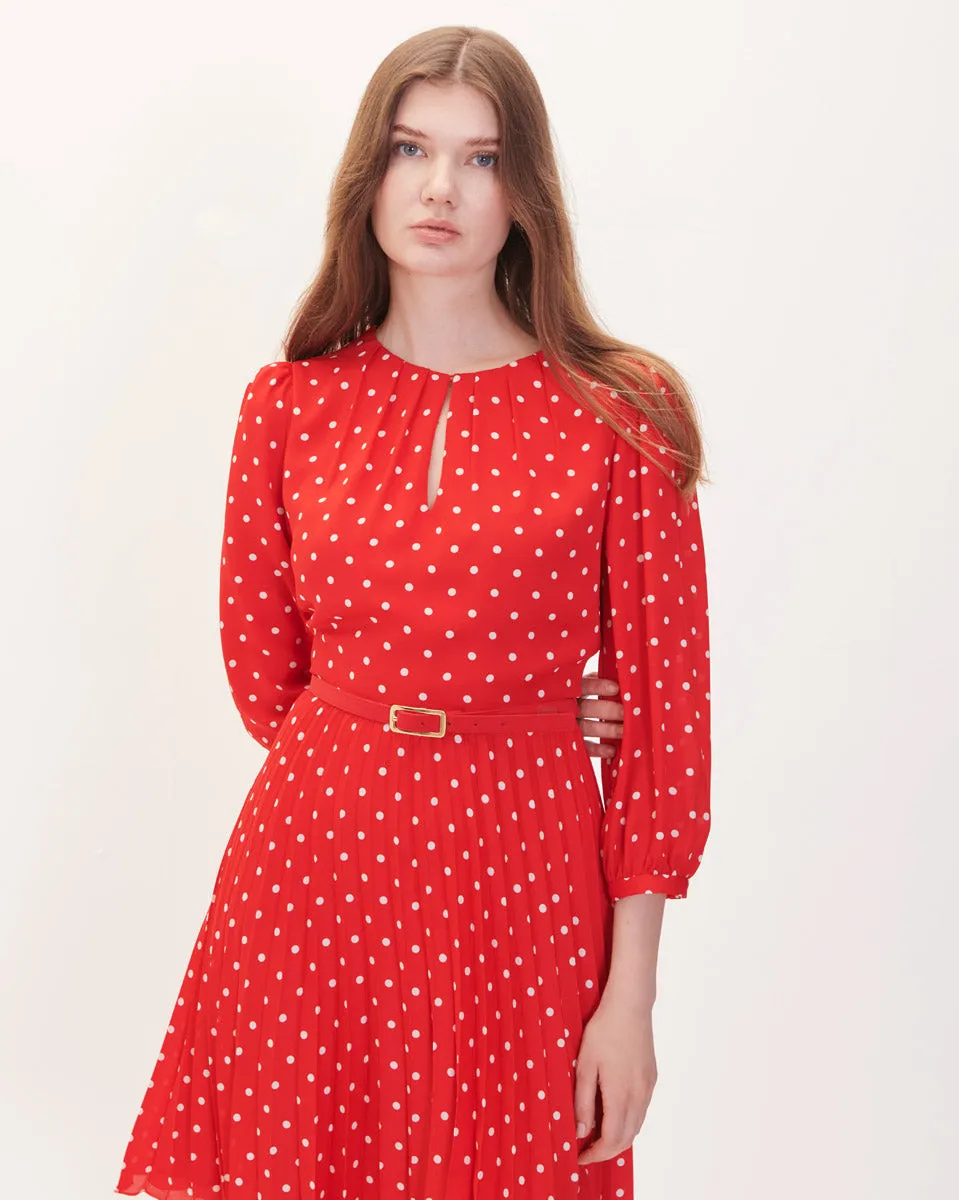 Vestido Rojo Escarlata Plisado De Lunares Con Cinturón