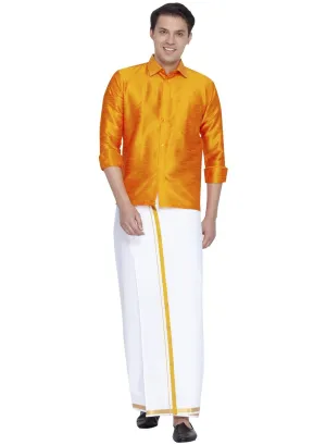 VM By VASTRAMAY Men's Orange Cotton Silk Blend Shirt and Mundu Set