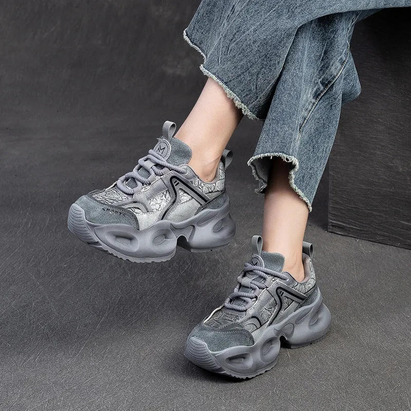 Women Casual Color Matching Leather Chunky Platform Sneakers